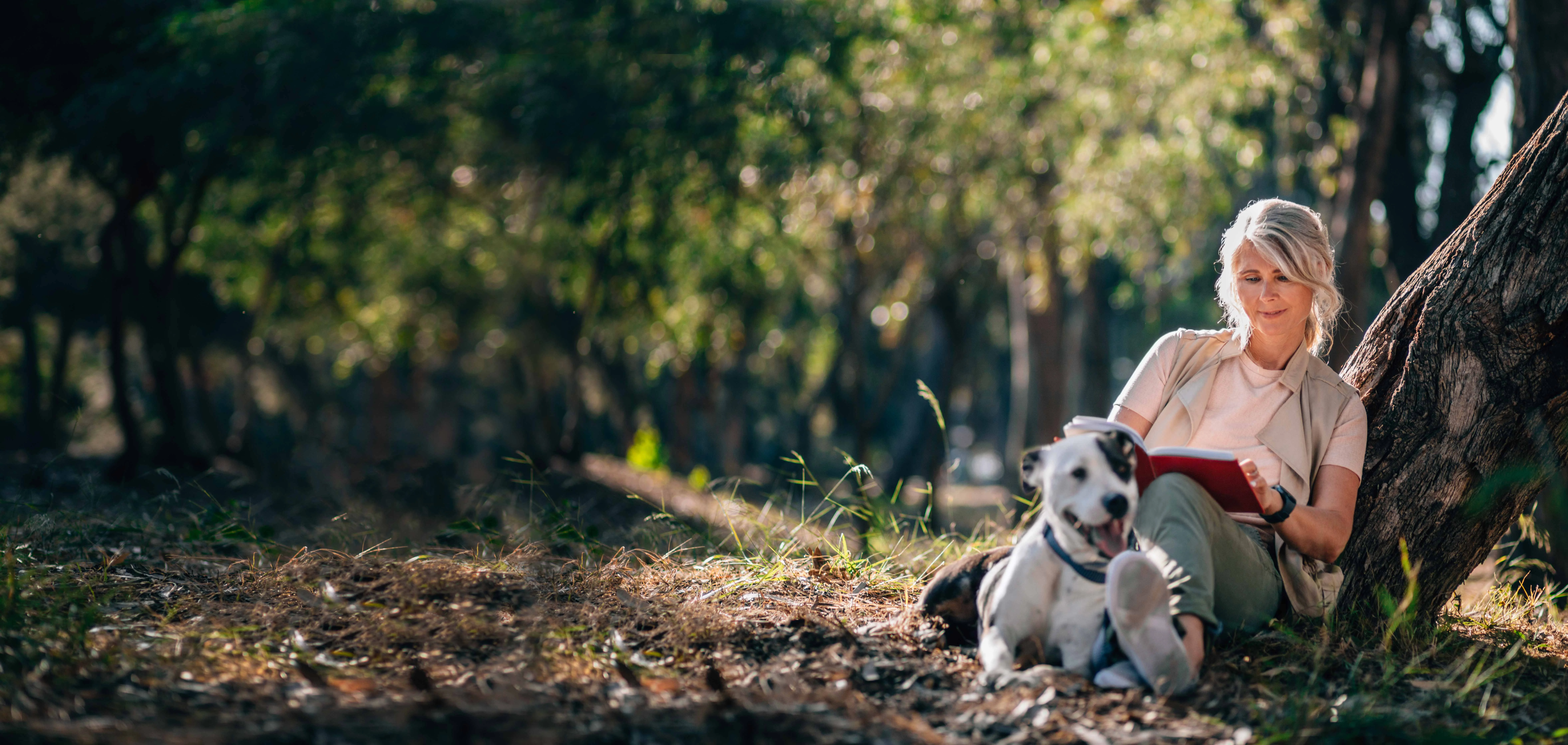 eine Person, die mit einem Hund im Wald sitzt