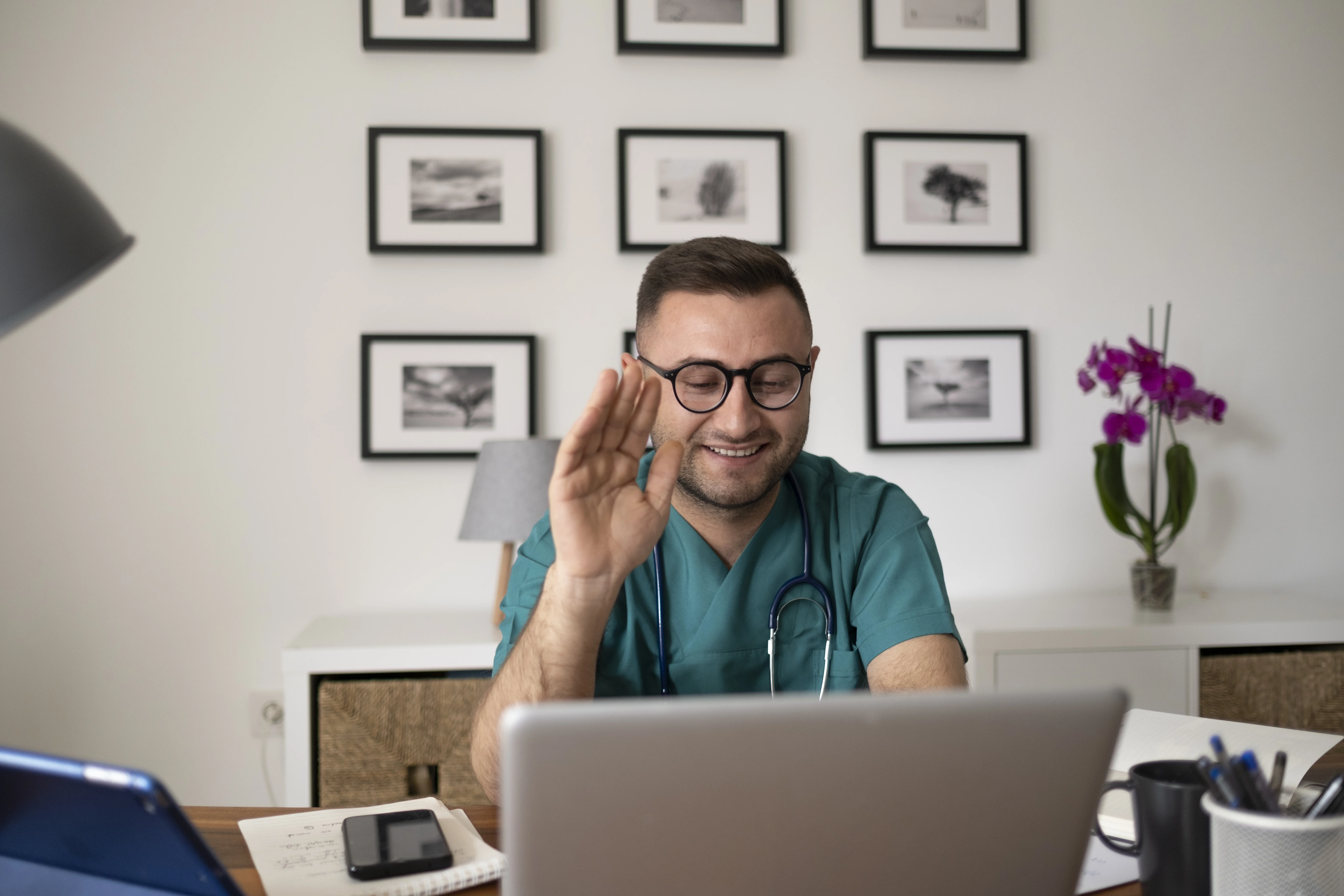 a person sitting at a desk with a laptop and a plant