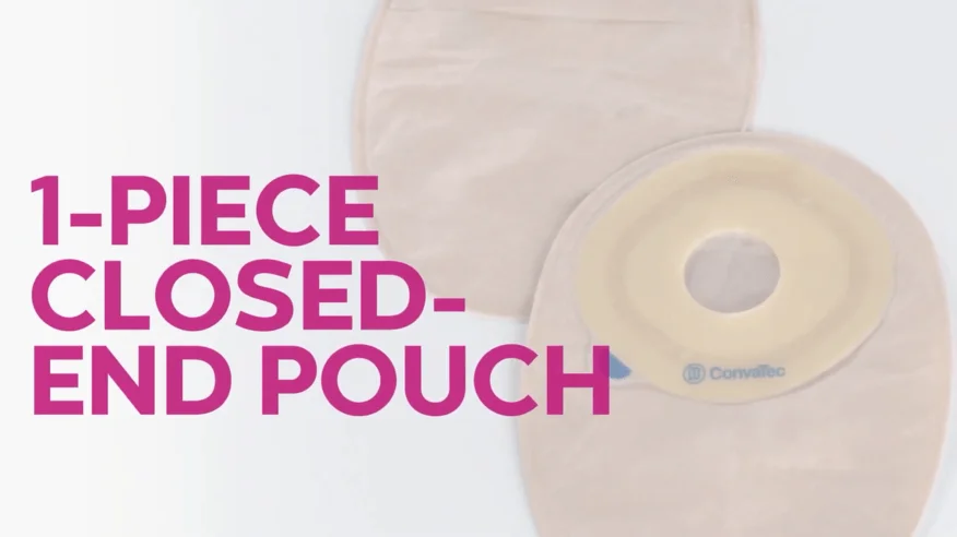 A video thumbnail of 'Application of a Closed-End One-Piece Ostomy Pouching System'