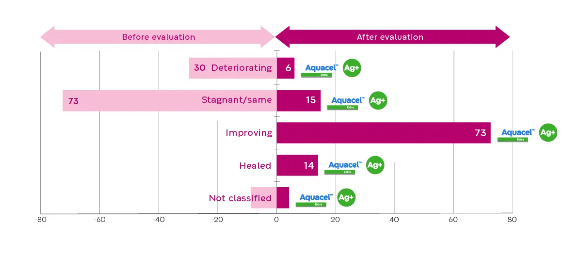 A chart shows wound healing improvement categorised as deteriorating, stagnant/same, improving, healed, and not classified.