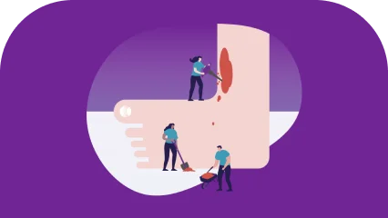 Uma ilustração de pessoas trabalhando em um pé gigante que representa o processo de cicatrização de feridas.